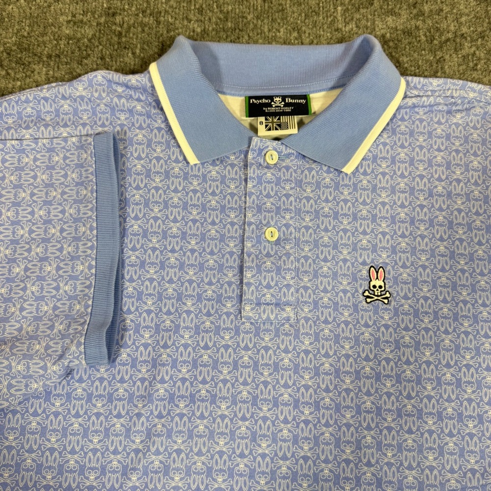 Psycho Bunny Polo Shirt Skull Bunny AOP Mens Size 8/2XL Blue Cotton Stretch EUC
